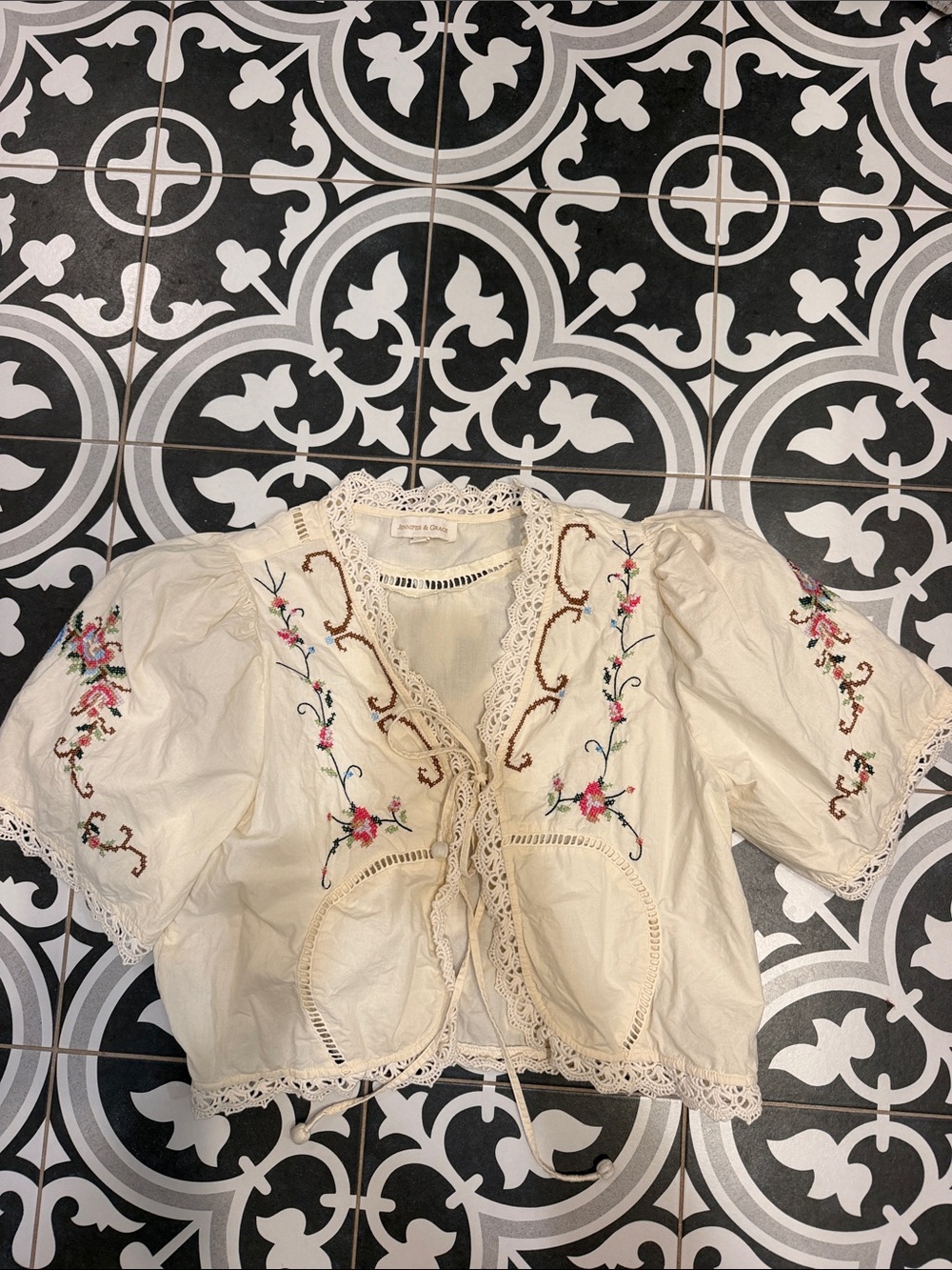 Ivory Embroidered Lace-Trim Puff Sleeve Blouse
